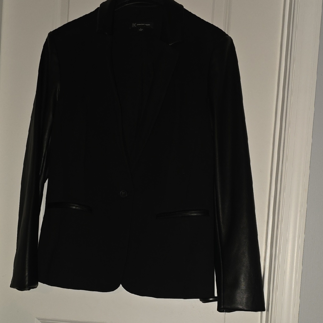 Inc Faux Leather Trim Womens Black Blazer